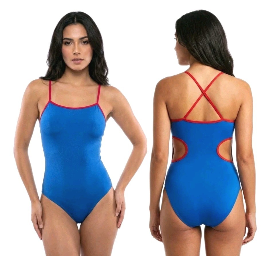 Aja VTG Side Cutout Keyhole Crossback Strappy Dance Leotard w/ Bra Blue Size AM