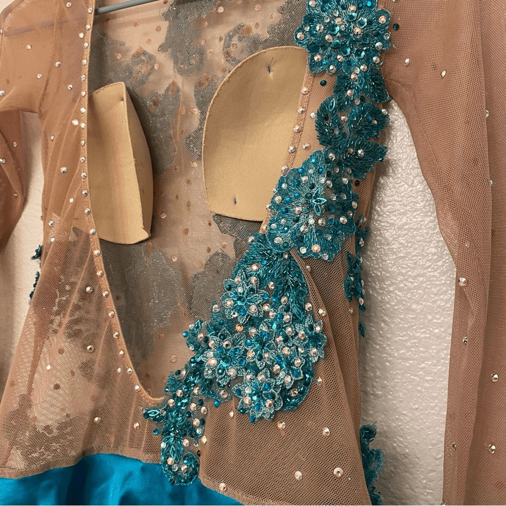 Custom solo dance costume leotard dress lyrical teal rhinestone embellished XSA