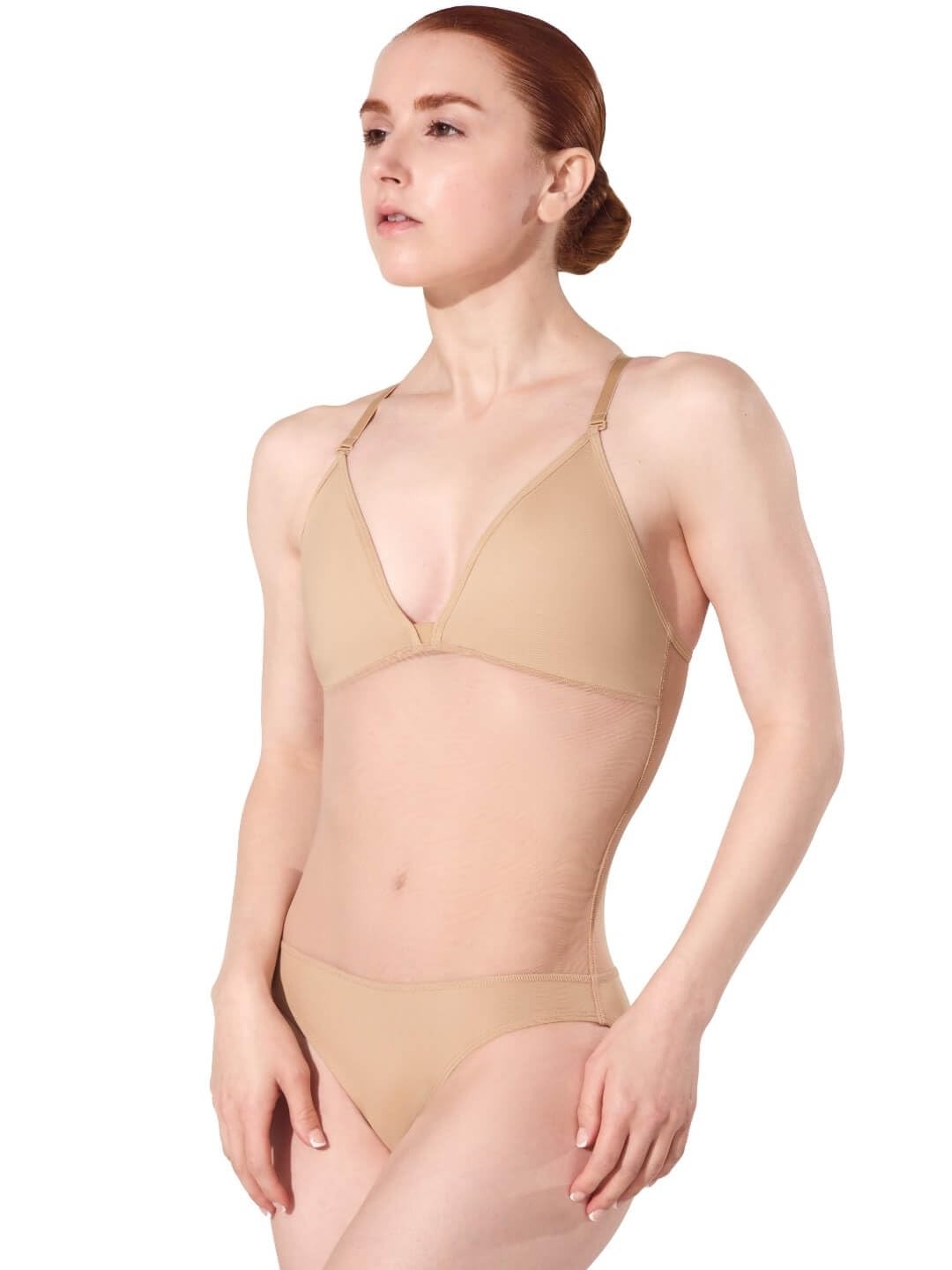 Womens Plunge Neck Mesh Midiff Leotard Base Layer Underwear, Nude, X-Small US