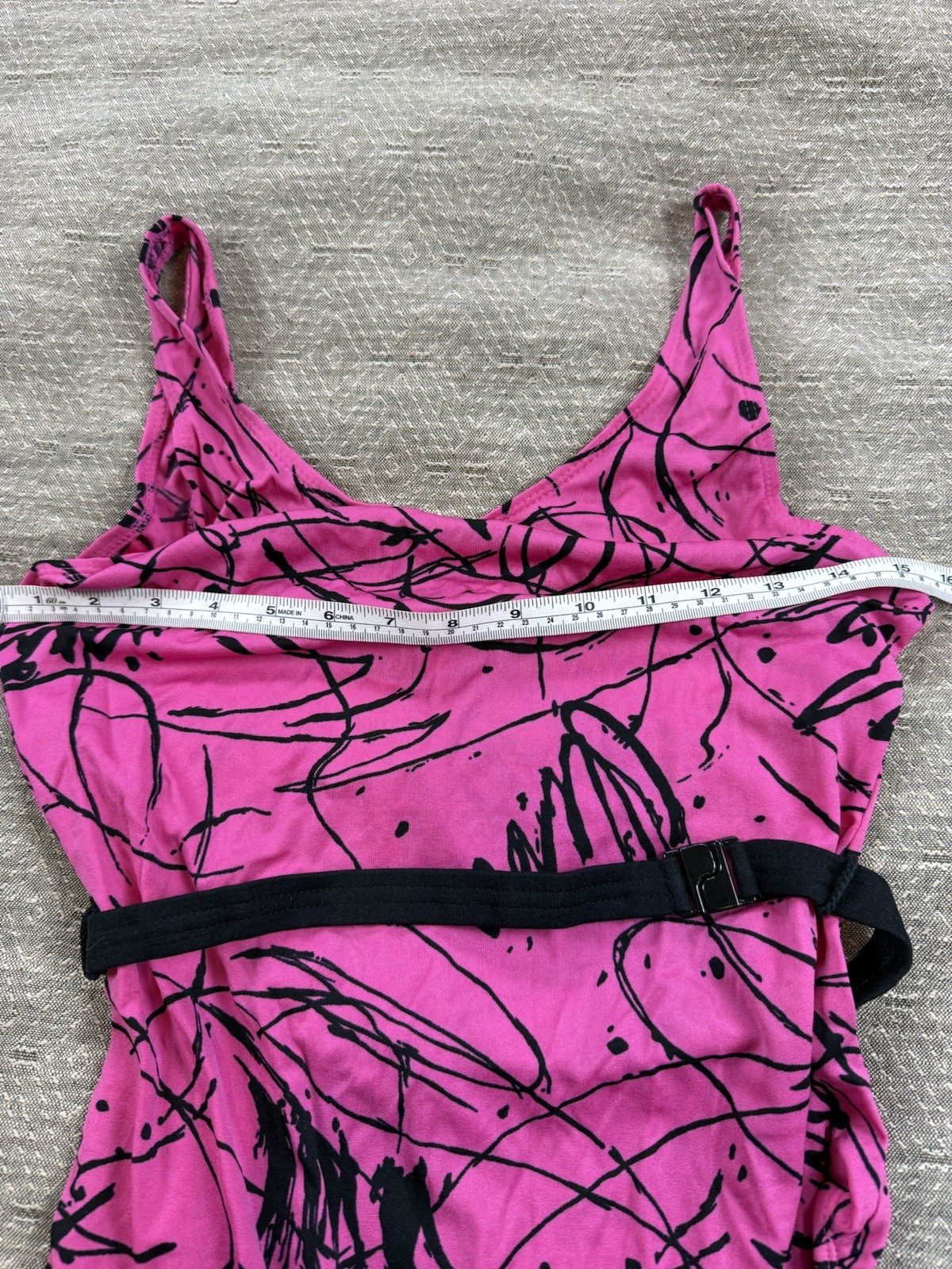 Authentic Vintage 1980s Neon Hot Pink And Black Belted Graffiti Leotard Swimsuit