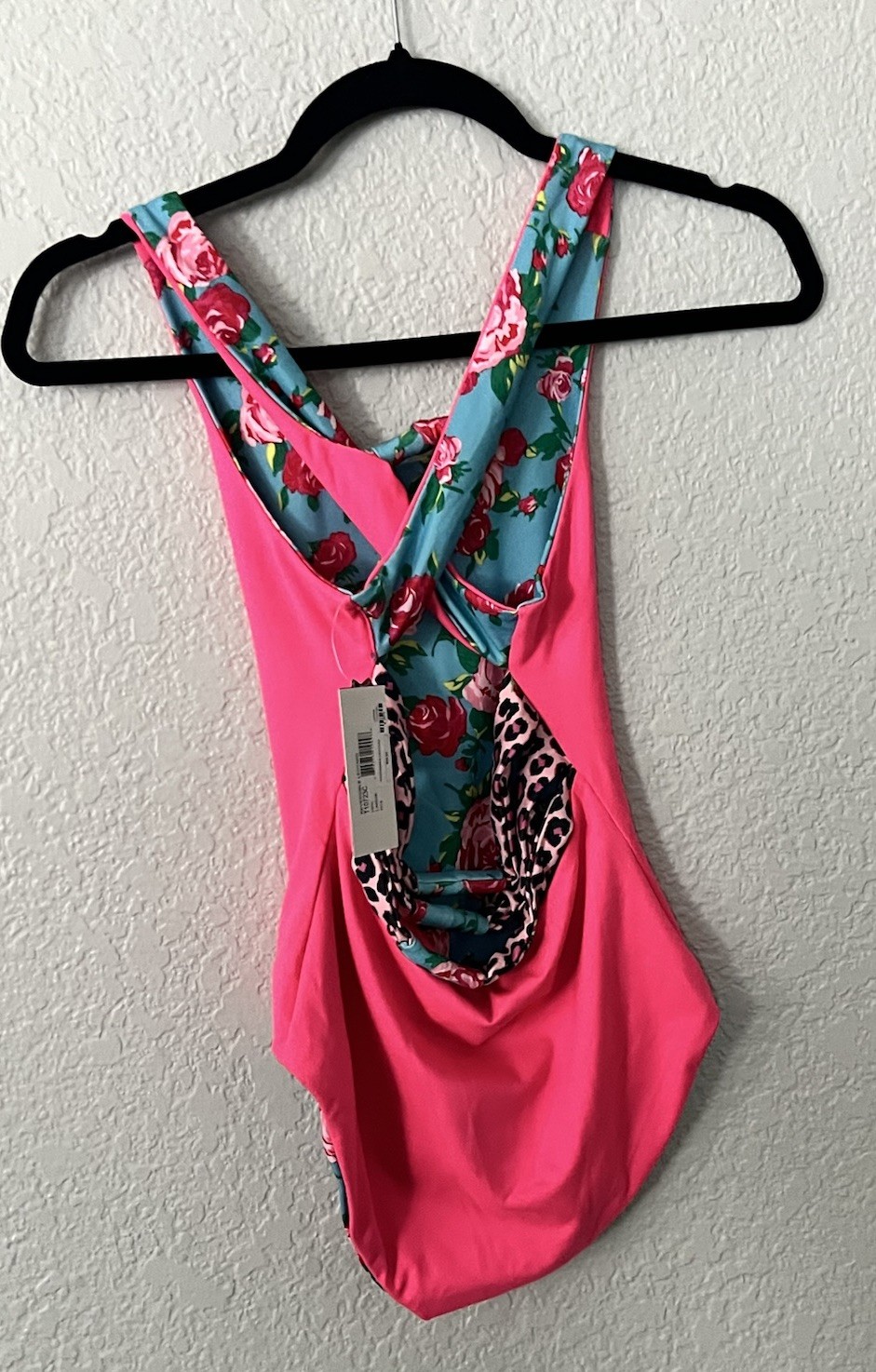 Betsey Johnson Capezio strappy back Reversible leotard Blue Floral / Pink Large