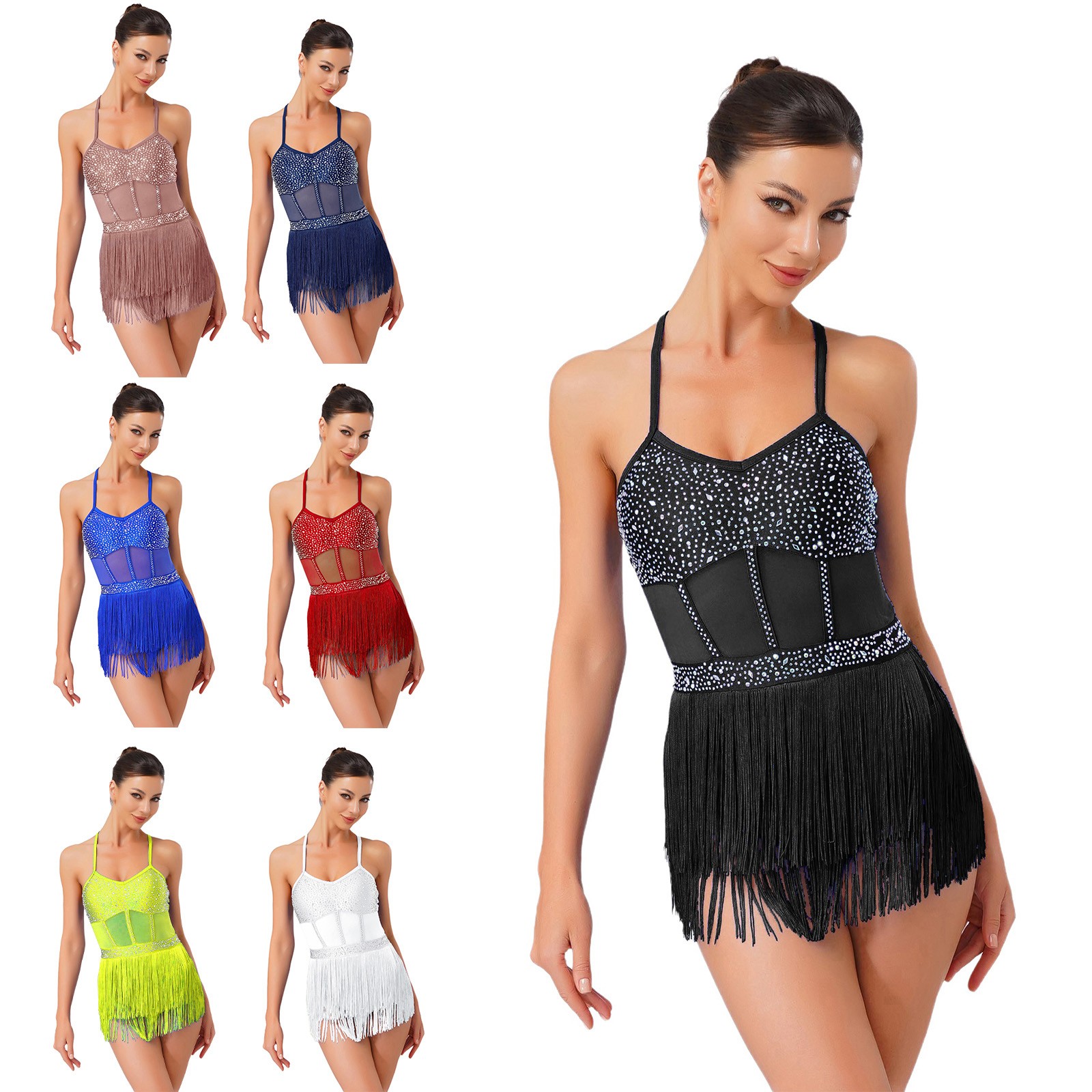 US Women Glittery Rhinestone Latin Jazz Dance Leotard Fringe Leotard Samba Dress
