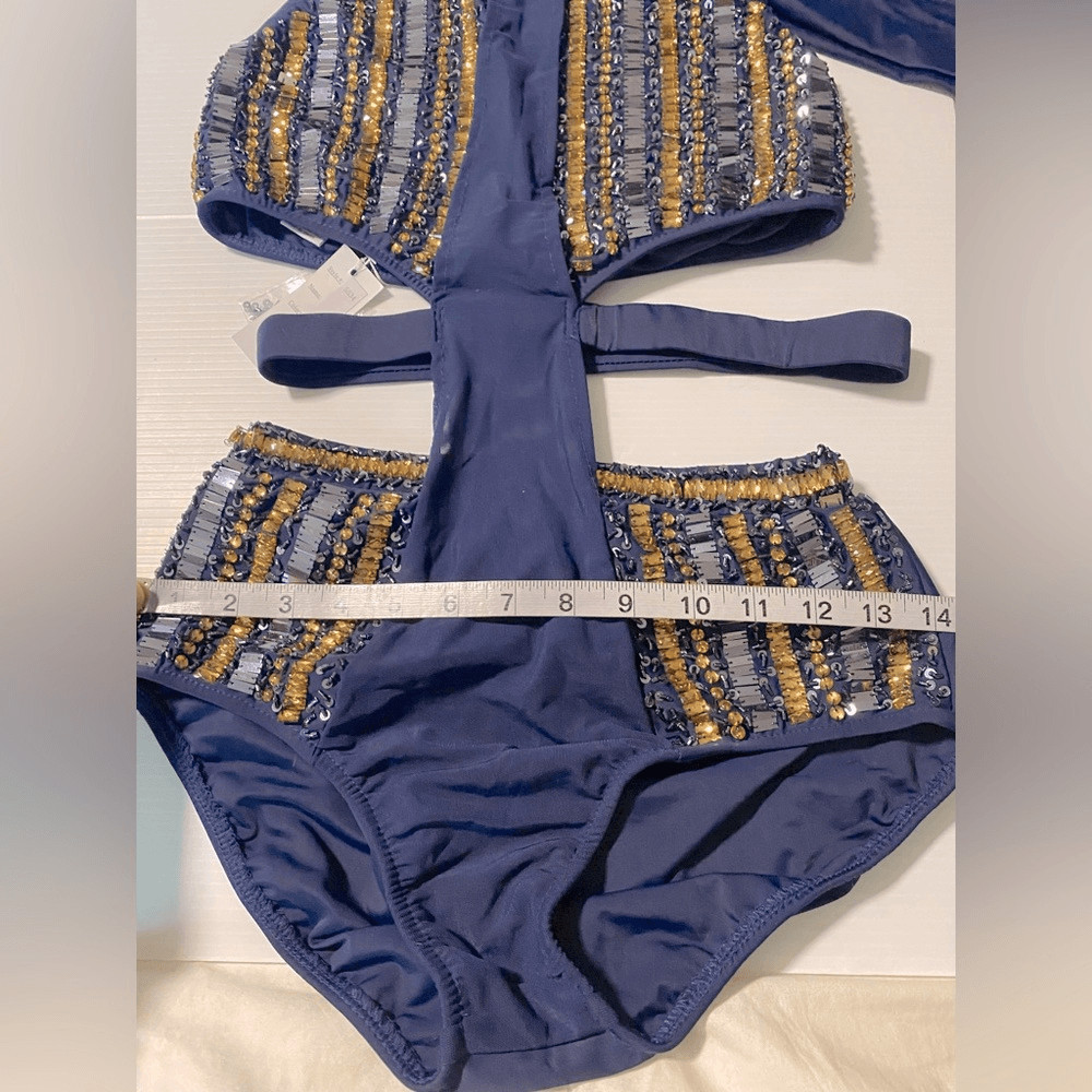 Glamour solo dance costume 5534 navy blue leotard sequin MA-Medium adult NWT