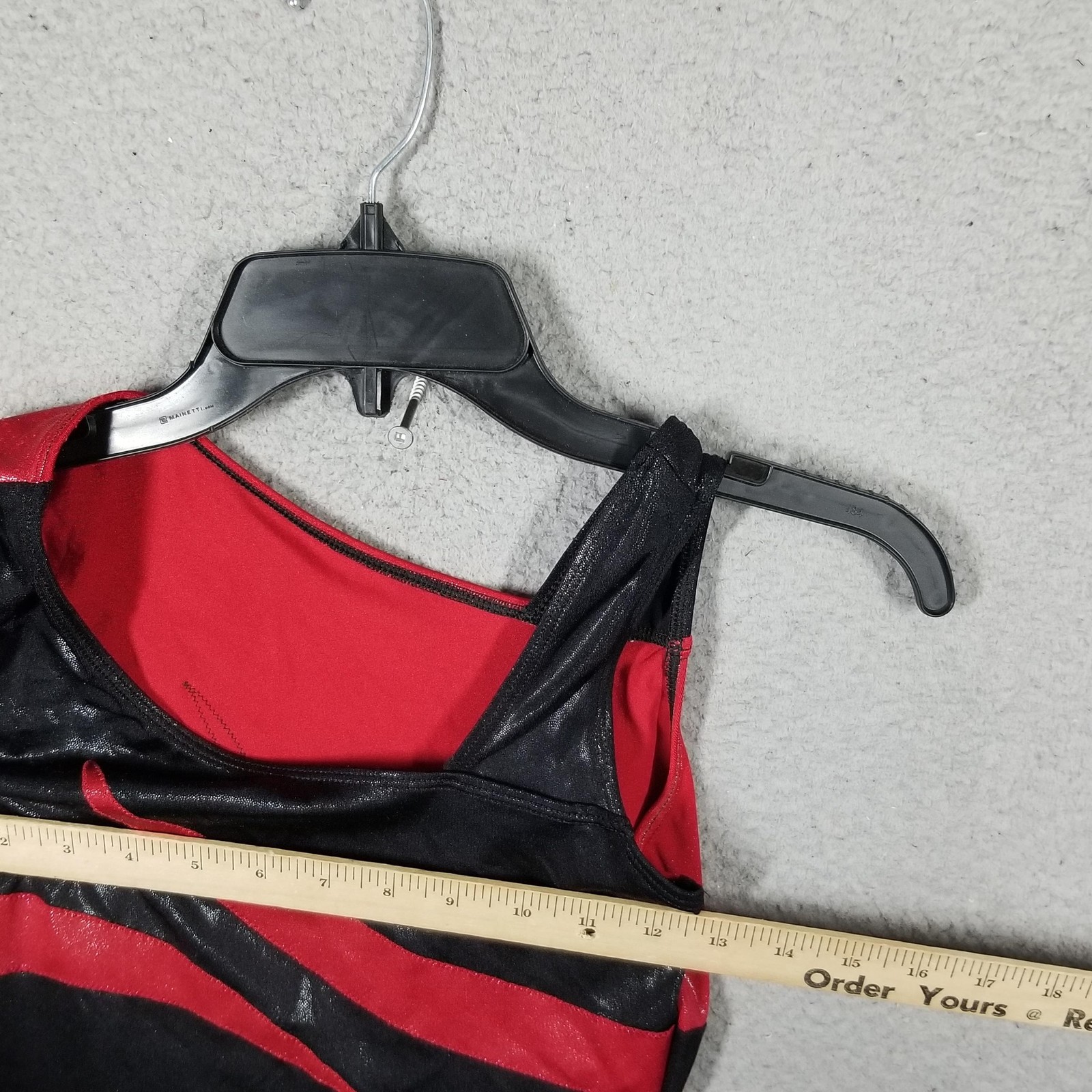 GK Elite Leotard Womens Small Red Black Shiny Asymmetric One Shoulder Gymnastics