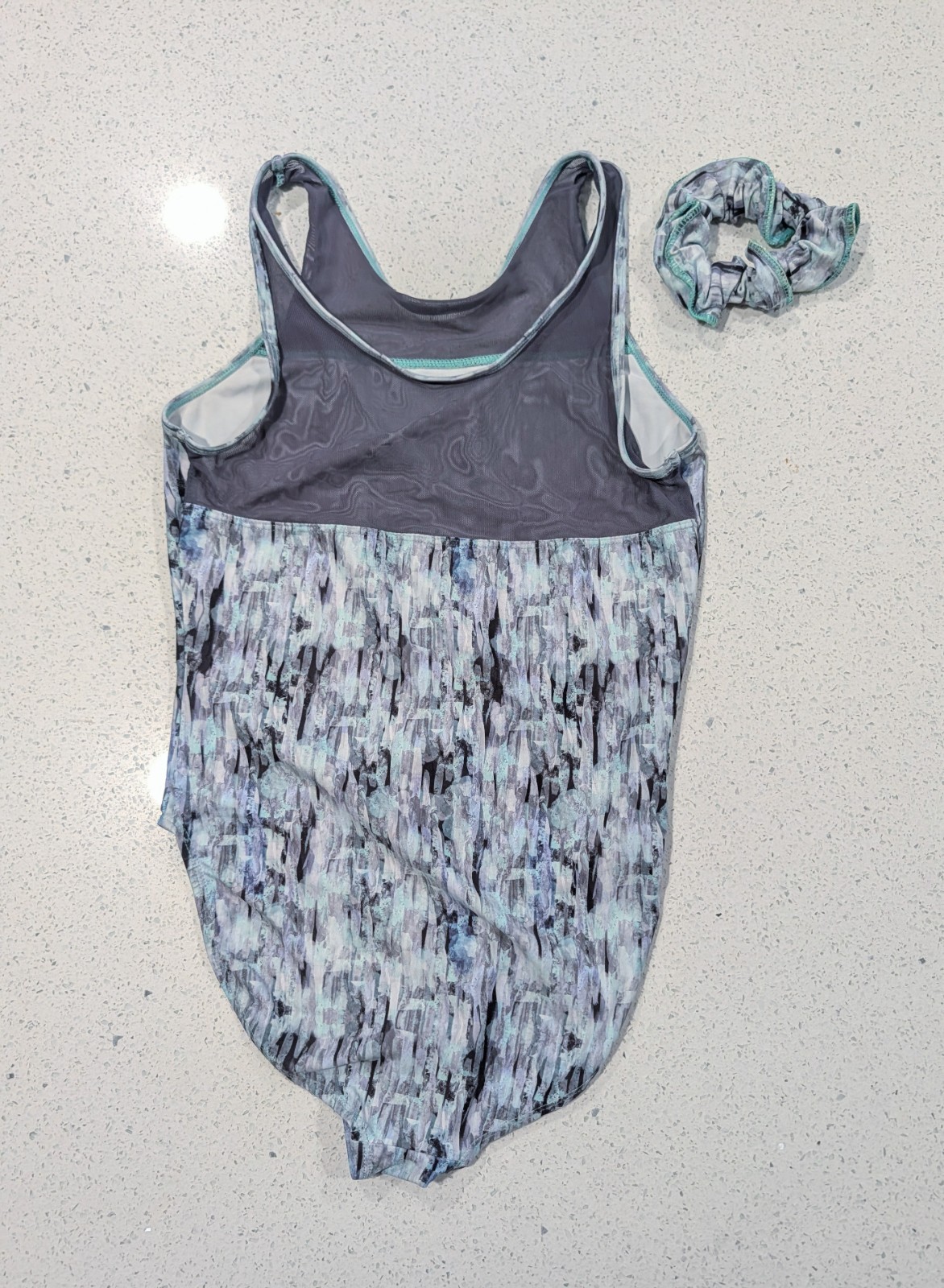BEAUTIFUL Plum Gymnastics Dance Leotard Medium Gray Blue Teal Mesh + SCRUNCHIE