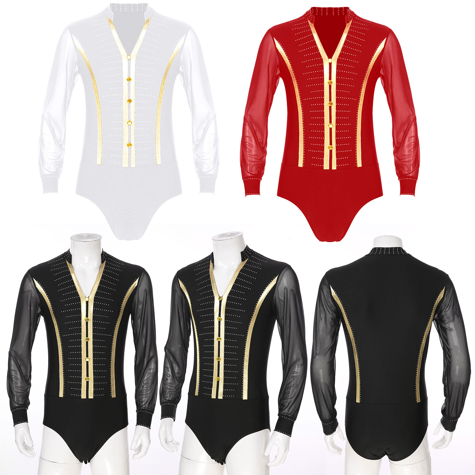 Mens Rhinestones Long Sleeve V Neck Bodysuit Ballroom Latin Samba Dance Leotard