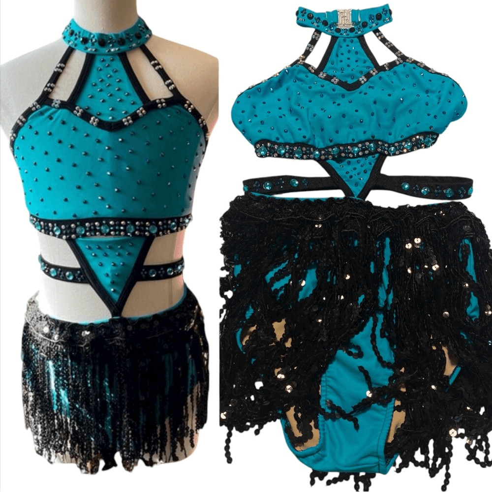 Glamour solo dance costume teal blue rhinestone fringe sassy SA-Small adult