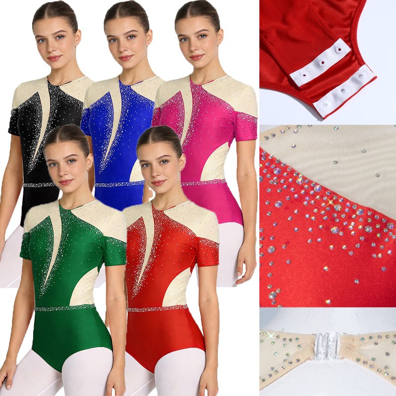 Women Bodysuit Sparkling Dancewear Sheer Leotard Short Sleeve Shiny Back Dance