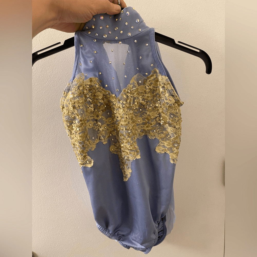 Kelle dance solo costume light powder blue gold leotard drape back LC child