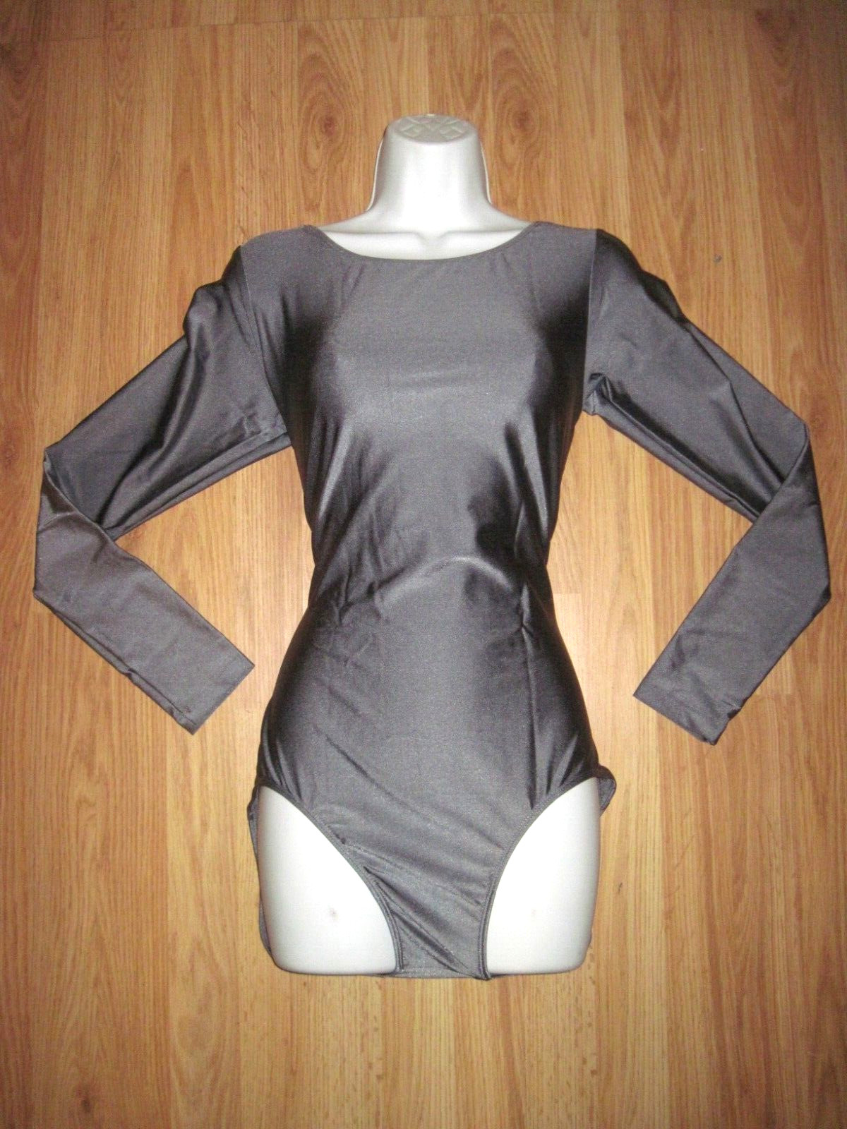 Plus Size Shiny Deep Gray Spandex Long Sleeve Scoop Neck Leotard Size 2XL New