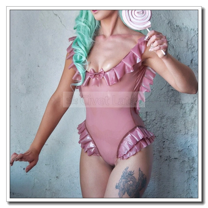 Latex Leotard Transparent Pink Sweat Ruffle Style Blackless No Zip Customize J30