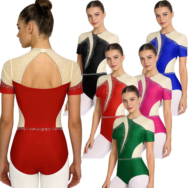 Women Bodysuit Sparkling Dancewear Sheer Leotard Short Sleeve Shiny Back Dance