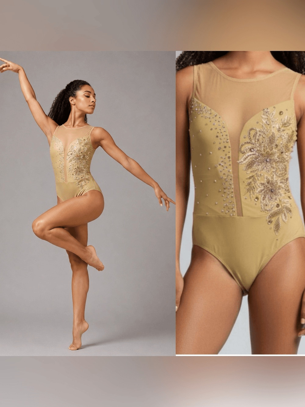 Ilo Gear contemporary open nude tan beige custom dance costume rhinestone MA New