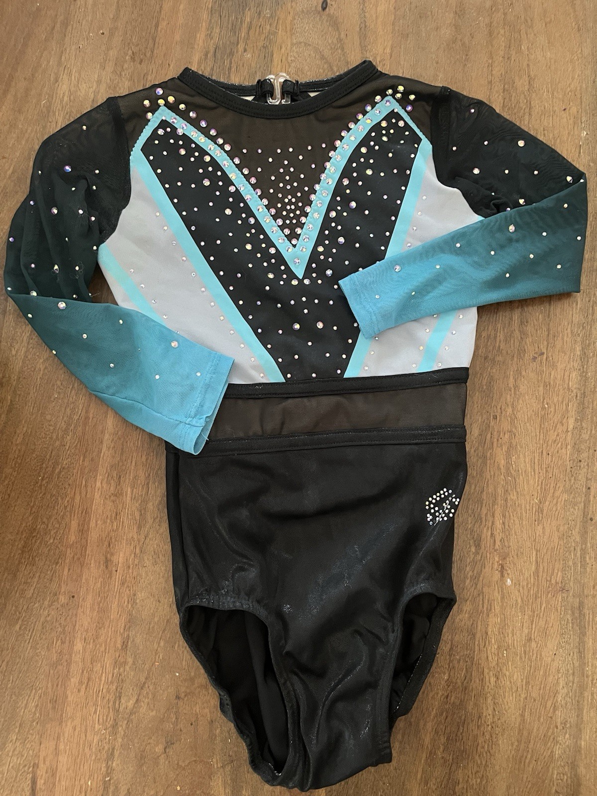 Spektrum Competition Leotard 3/4 Sleeve Turquoise Black Rhinestones CM Child Med