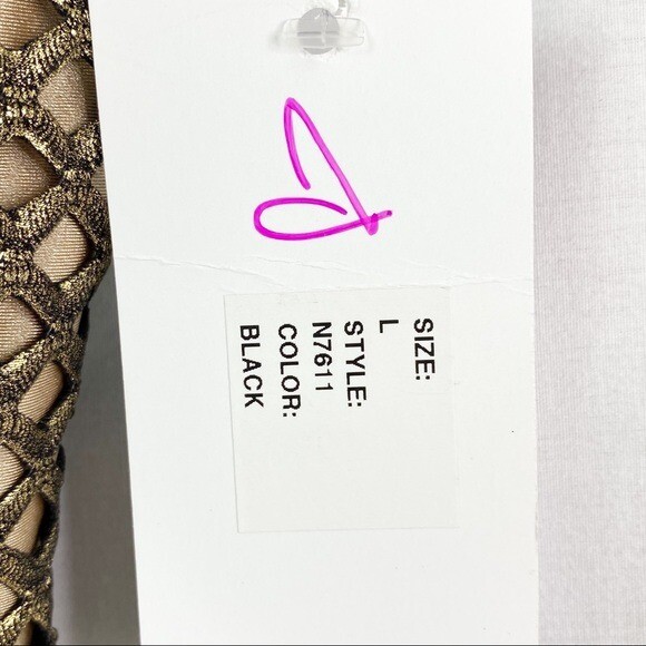 Double Platinum Black Leotard Gold Metallic Mesh Mock Neck Tank Lg NEW NWT