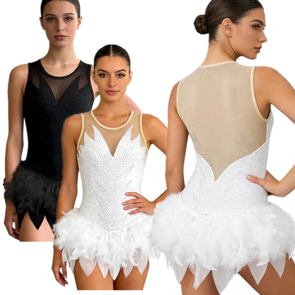 US YiZYiF Lady Gymnastics Bodysuit Fuzzy Feather Irregular Hem Ballerina Leotard