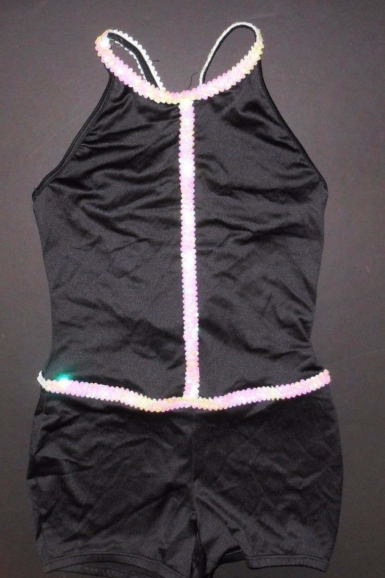 DANCE COSTUME SHORTY UNITARD BLACK WHITE IRIDESCENT Sequin keyhole back Jazz