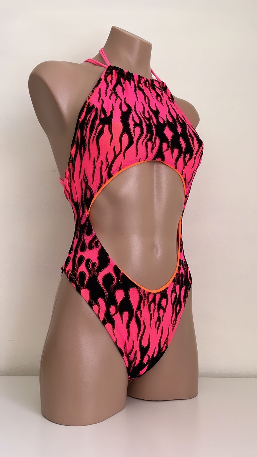 Schminke 🔥 Flames fire Monokini pole dance wear mesh UV neon luminous bodysuit