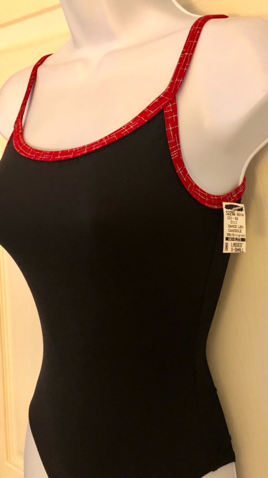 GK DANCE JAZZ ADULT X-SMALL BLACK NYLON RED MATRIX FOIL CAMI GYMNAST LEOTARD AXS