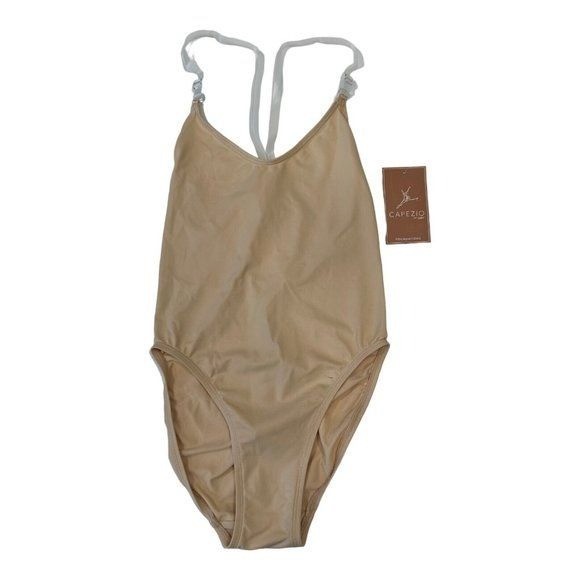 CAPEZIO Camisole Leotard w/Adj Clear Strap Women Small -Natural/Sun Tan- Dance.