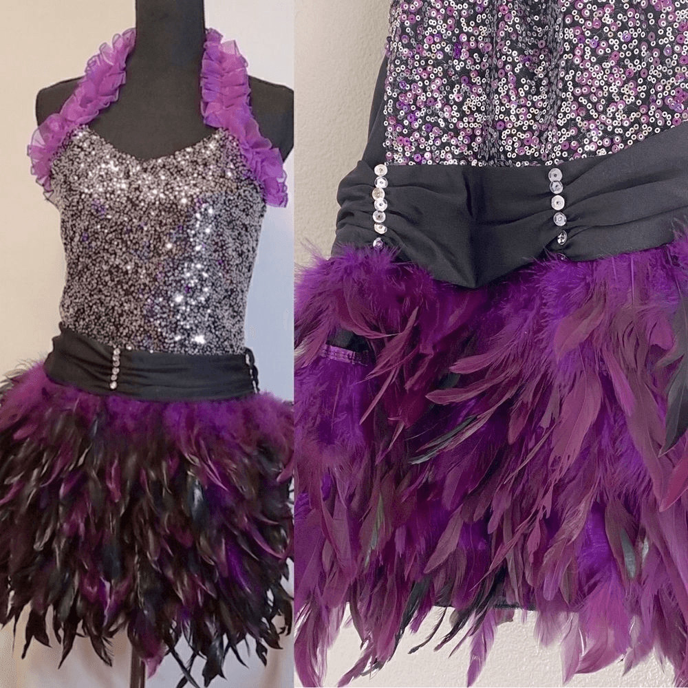 Glamour dance costume purple sequin feather jazz Broadway adult small SA -NEW