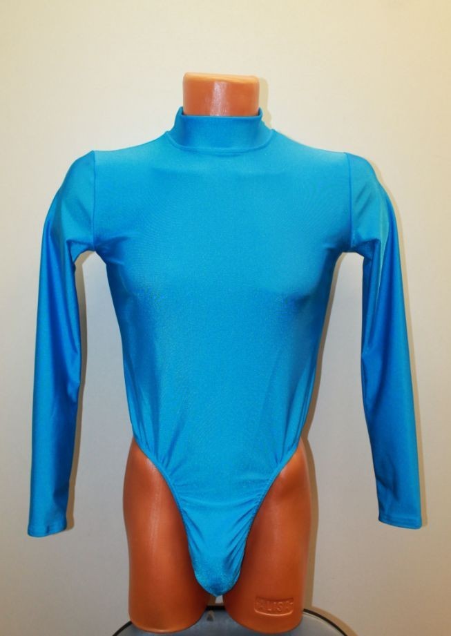 Men Thong Leotard 159-40 Long Sleeve Crotch Closure Blue Spandex Size L