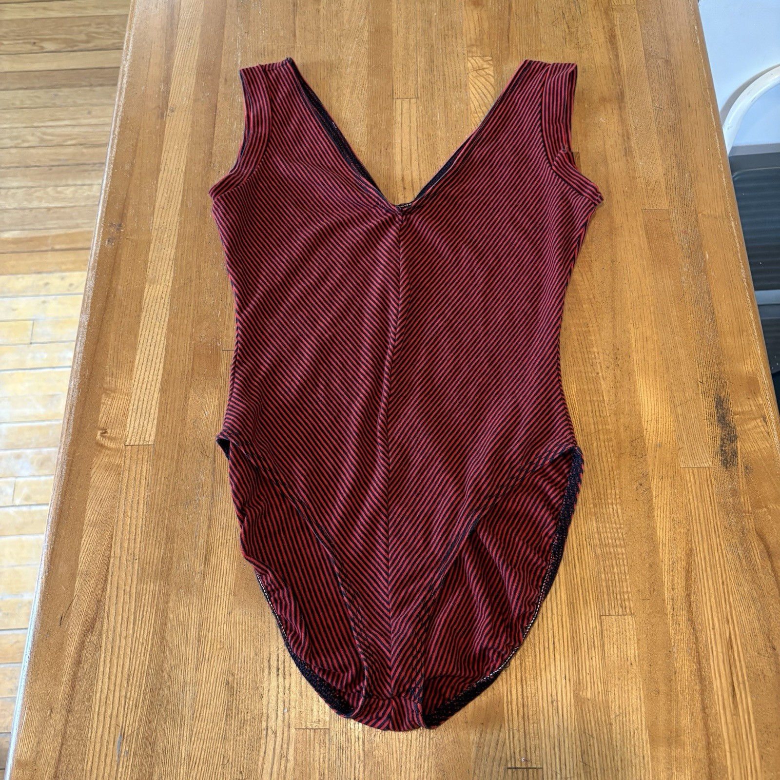 Cathy George Designs CA Leotard Med Red Navy Stripe V-Neck Sleeveless Stretch