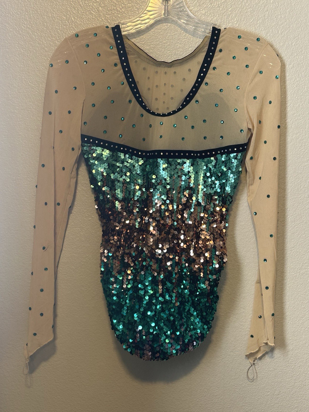 Glamour Costumes Dance Mesh Sequin Gem Long Sleeve Leotard Bodysuit-Adult SA NEW