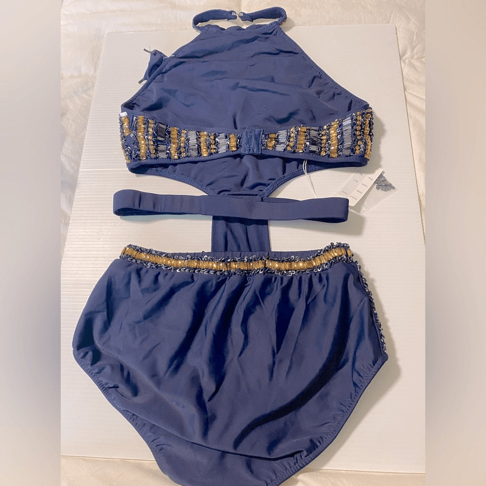 Glamour solo dance costume 5534 navy blue leotard sequin MA-Medium adult NWT