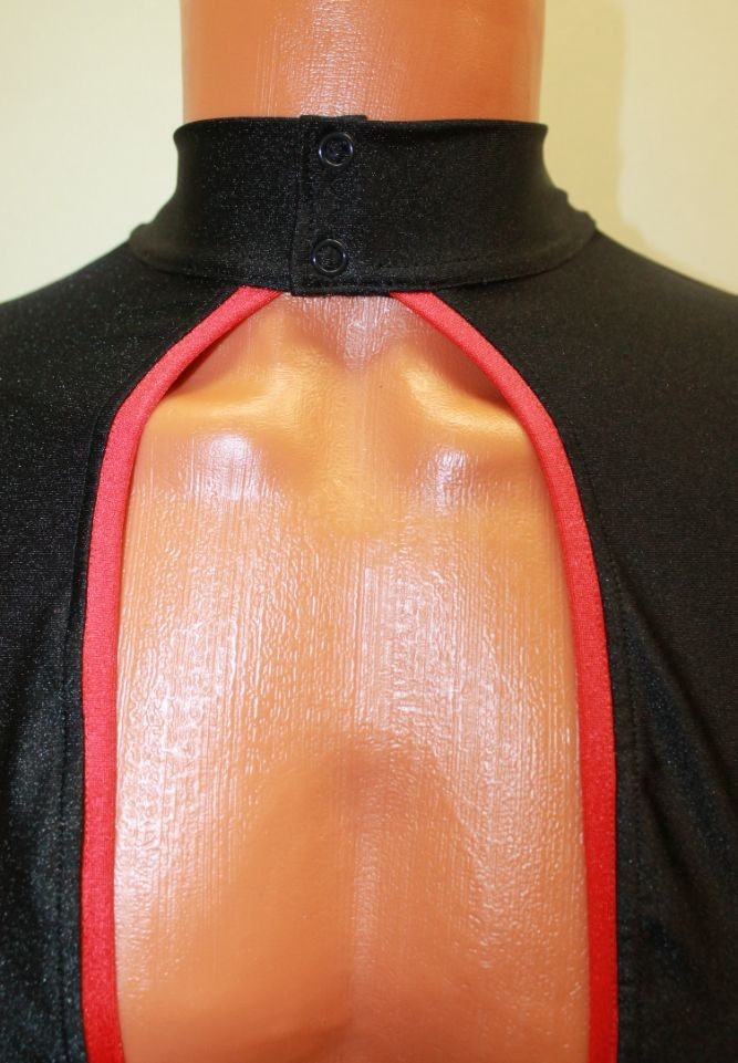 Men Thong Leotard 159-57 High Collar Open Front Hole Crotch Black Spandex Size L