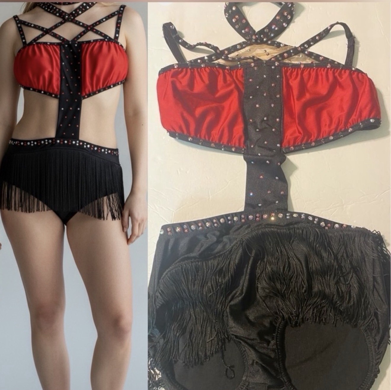 Pumpers solo Custom Jazz red fringe dance costume Mature MA-Medium adult