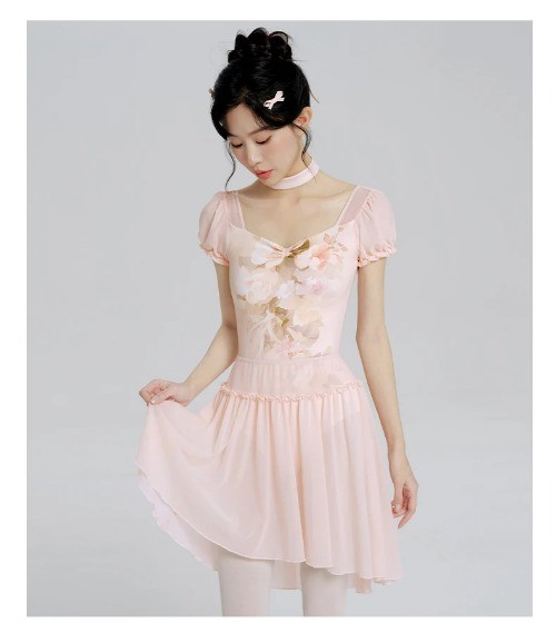 Woman Ballet Leotards Printed Dance Leotard Sleeve Ballet Elegant Mesh Splice