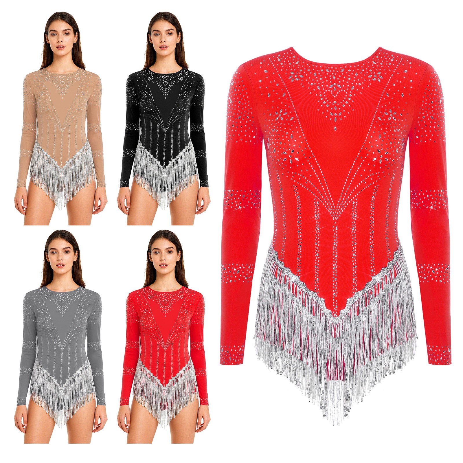 Women Unitard Gymnastics Jumpsuit Yoga Leotard Sport Shiny Tassel Salsa Party