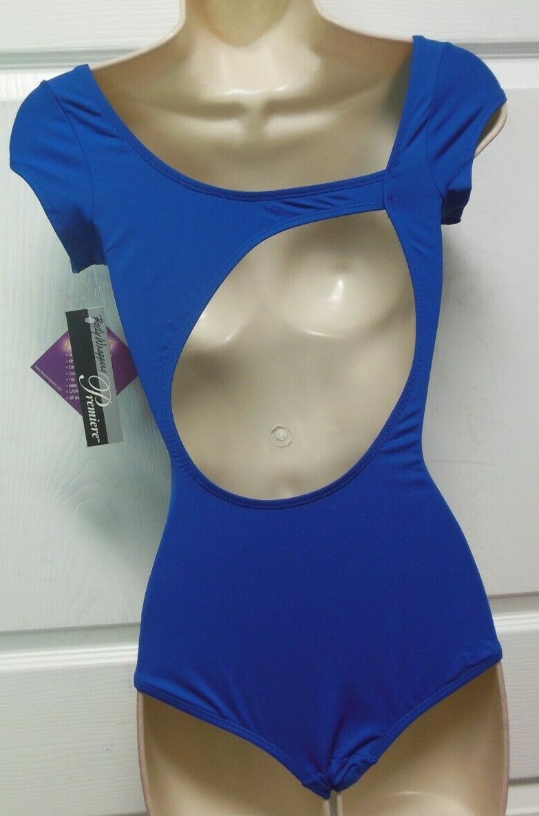 Royal blue capsleeve asymmetrical back ladies size shelflined BodyWrappers #P346