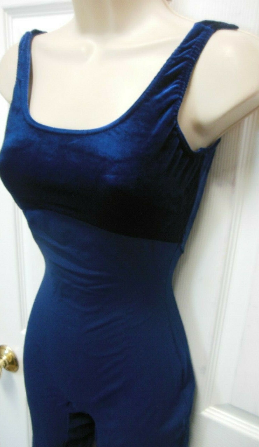 New Dance Jazz Navy Blue Long Unitard Velvet Bodice Cotton Spandex Ladies Ad Sze