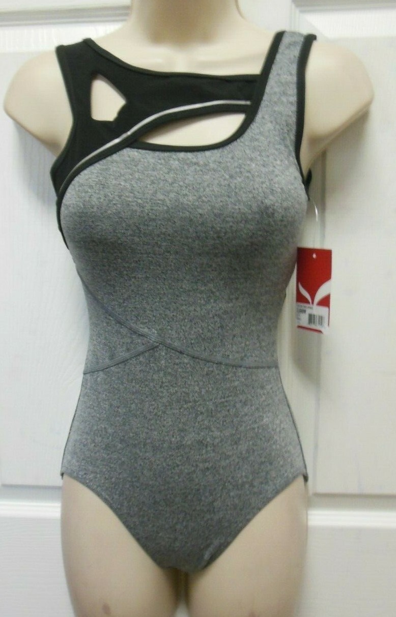 CAPEZIO Asymmetric geometric back StormySkies mesh insert tank leotard Ladies