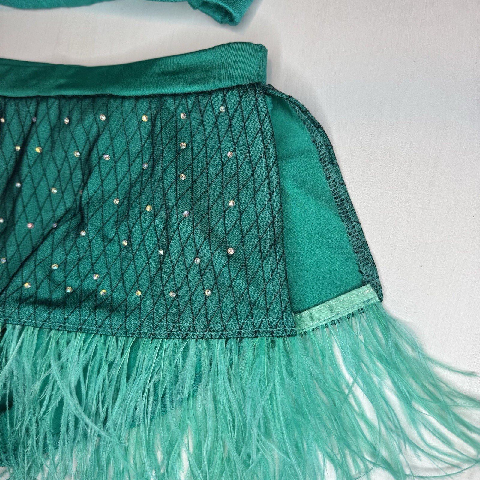 Weissman Elite Dance Costume SA Rhinestones & Ostrich Feathers Teal Bow 2pc Set