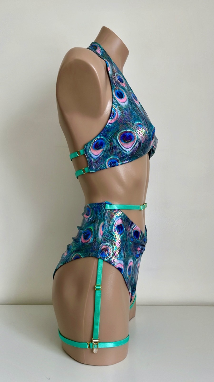 Schminke 🦚 peacock pole dance wear halter top & bottoms high waisted high leg