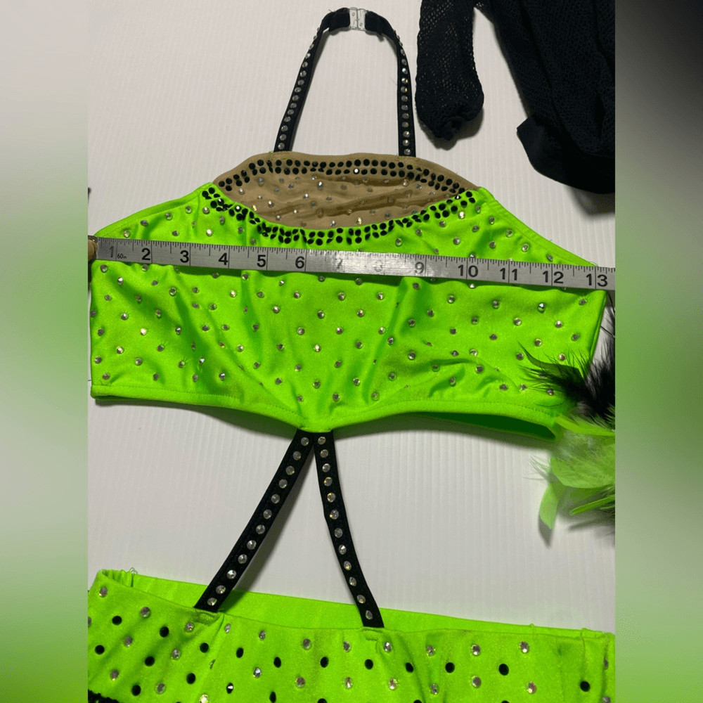Glamour solo dance costume leotard neon green embellished rhinestoned SA adult