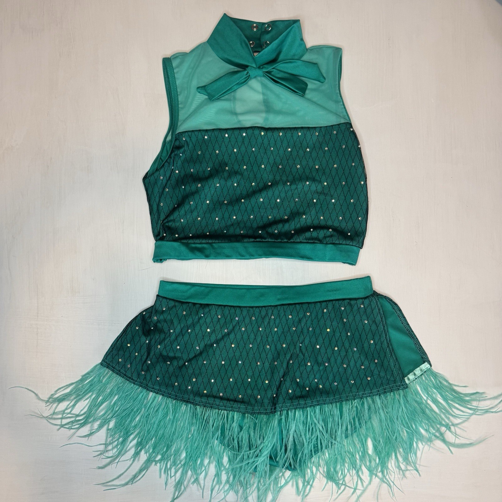 Weissman Elite Dance Costume SA Rhinestones & Ostrich Feathers Teal Bow 2pc Set