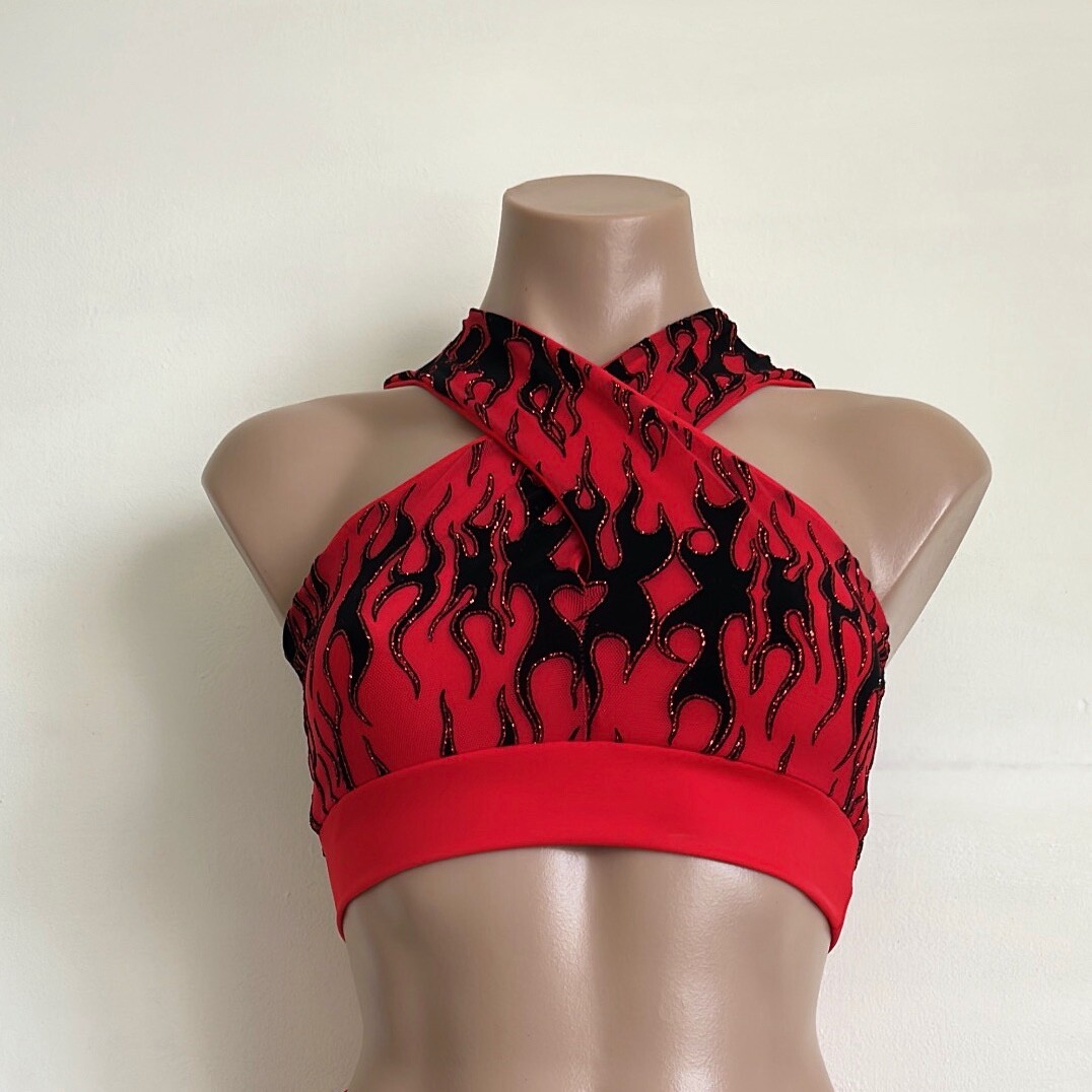 Schminke 🔥 Flames fire crop top ethereal pole dance wear mesh spandex UV neon