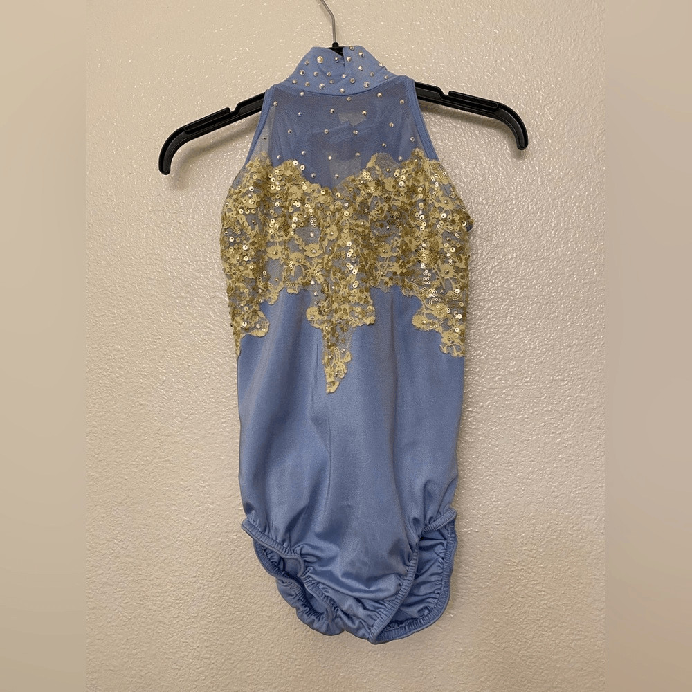 Kelle dance solo costume light powder blue gold leotard drape back LC child