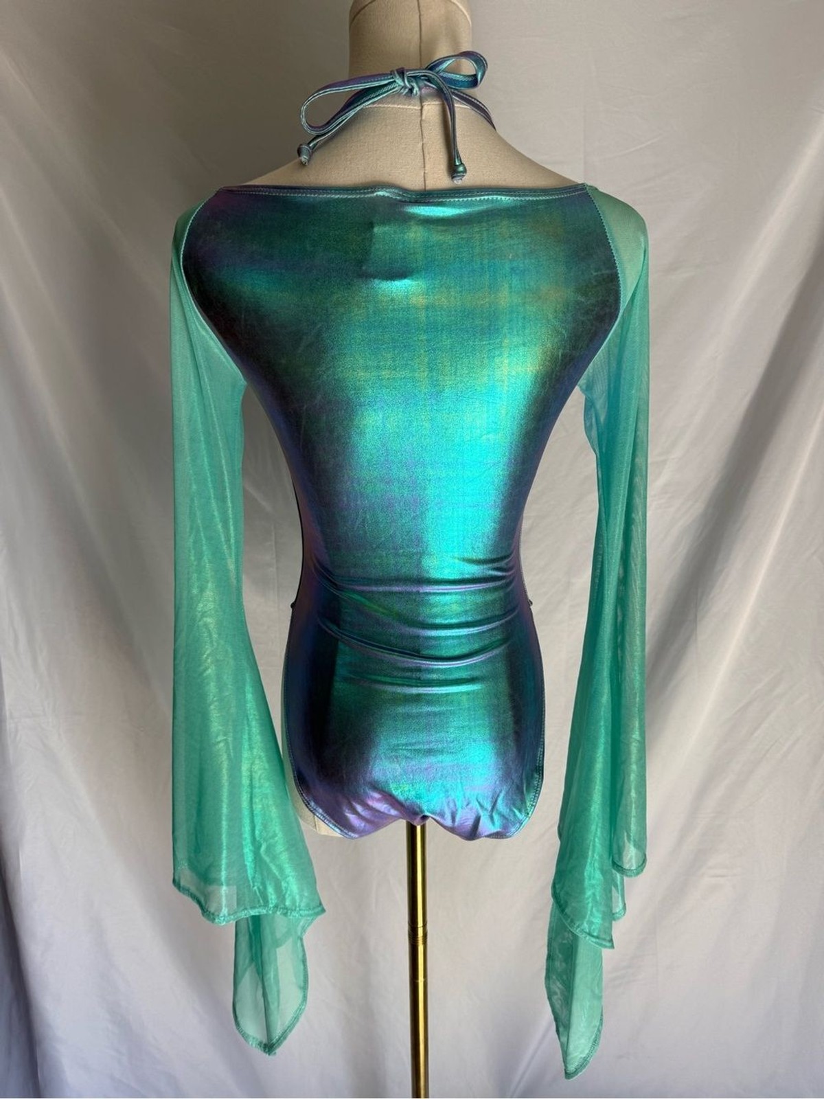 J. Valentine Metallic Iridescent Lace Up Rave Bodysuit Turquoise Green L/XL