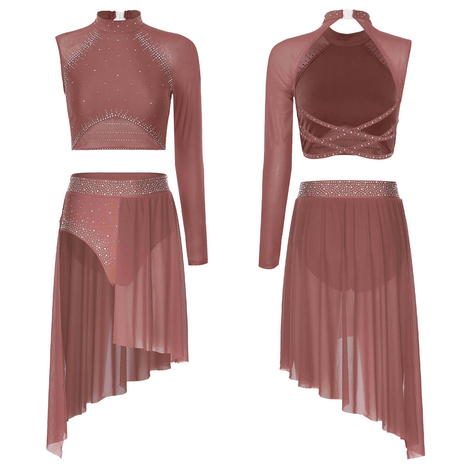 Women Dancewear Stage Outfit Lyrical Costume One Shoulder Top With Skirts 2pcs