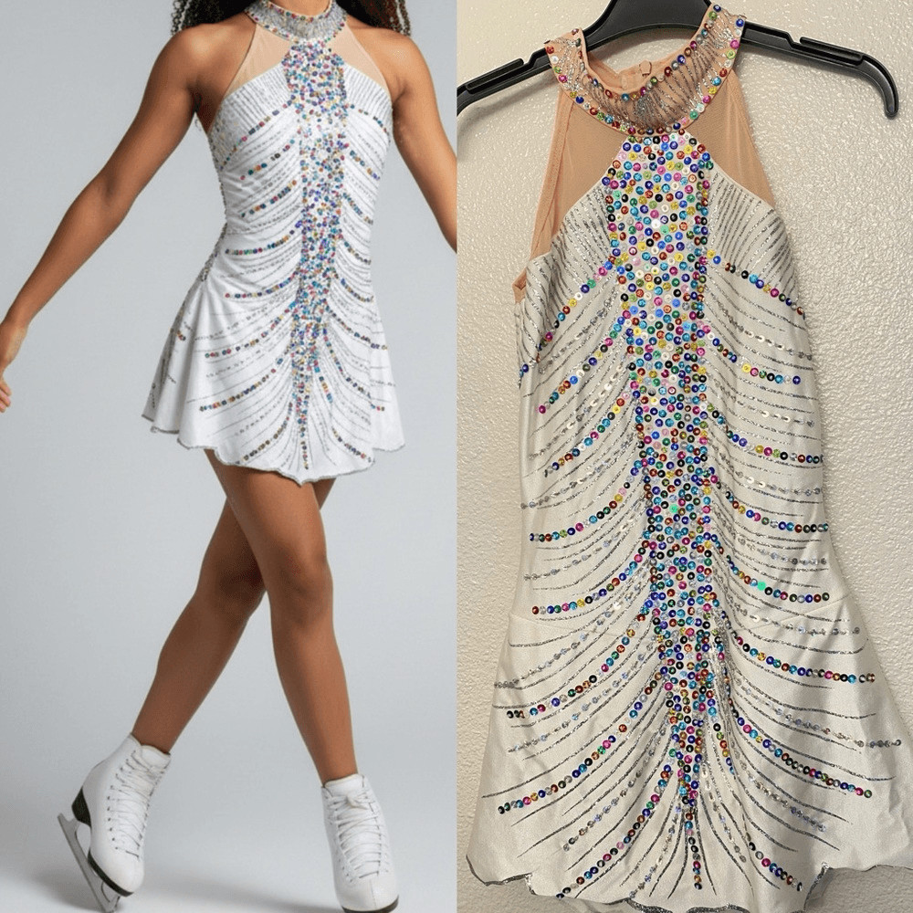 Custom solo dance ice skating ballet costume white sequin colorful dress SA/MA