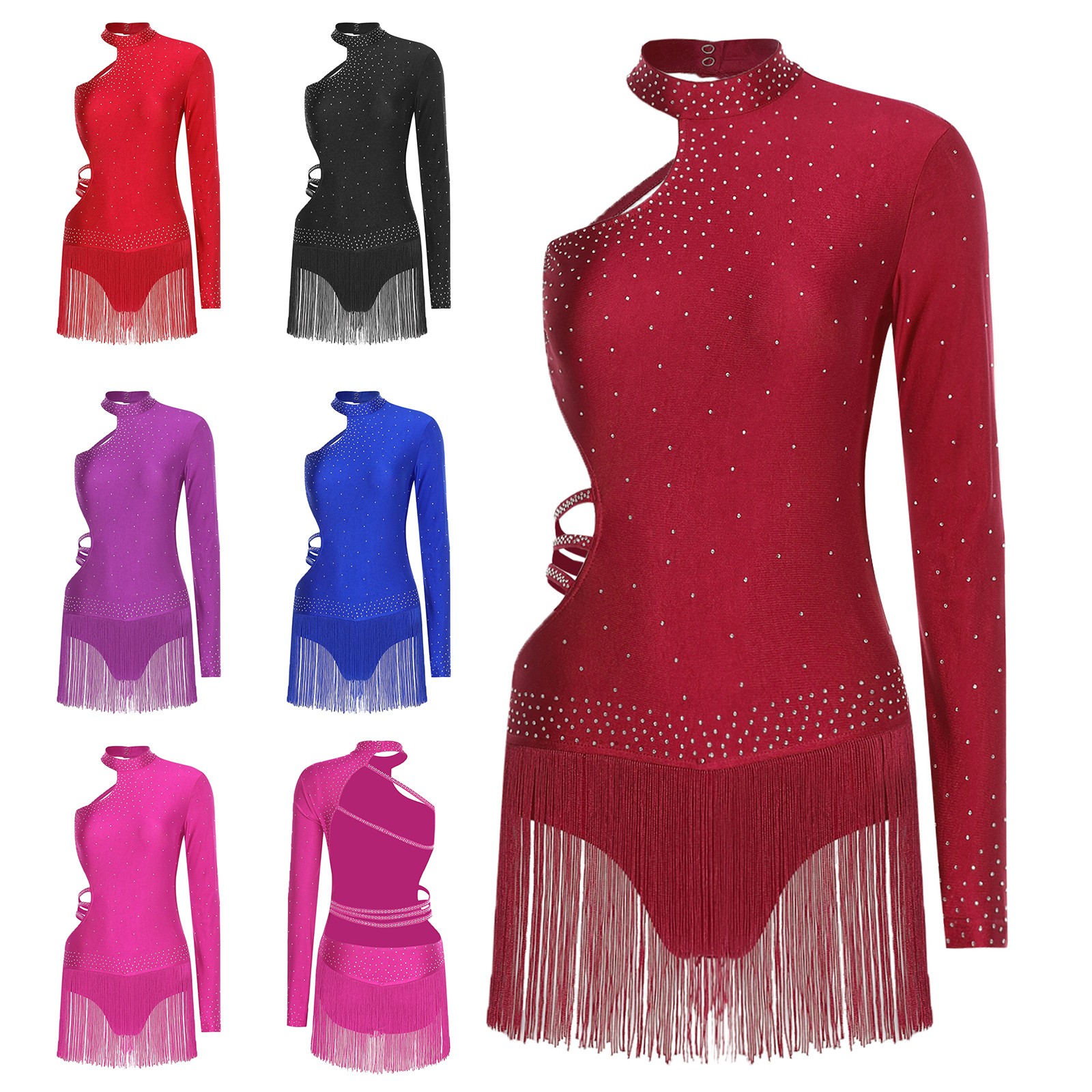 Women Leotard Dance Glitter Ballroom Tango Bodysuit Fringe Tassel Waist Proms
