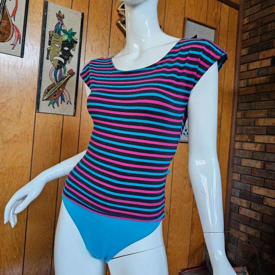Vtg 80s Aerobics Dance Co. Costume Jazzercise Leotard Striped Workout Suit M/L