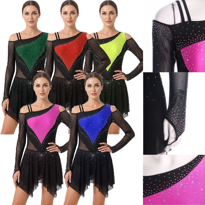Womens Dancewear Color Block Bodysuit Lyrical Dress Hem Irregular Costume Mesh