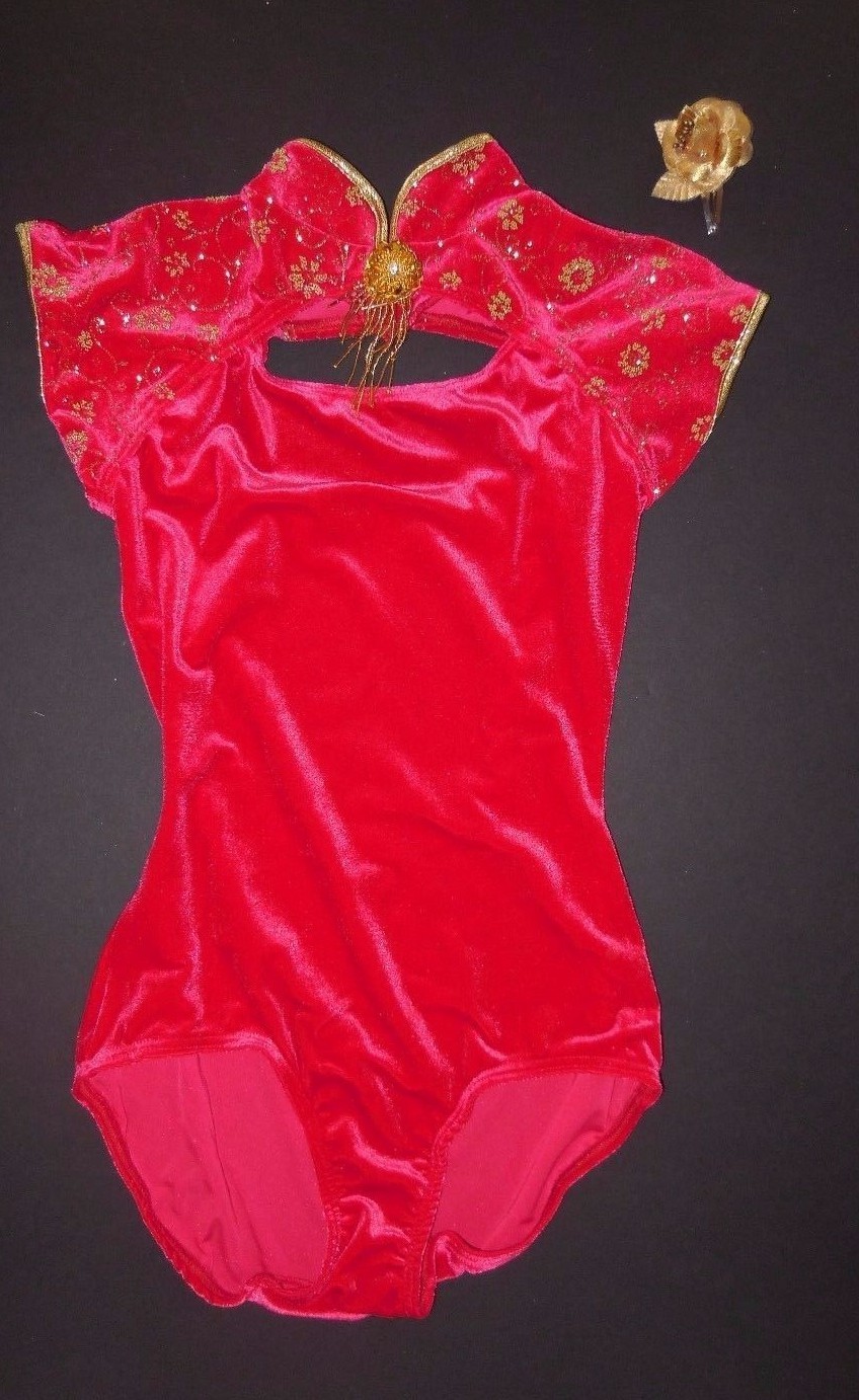 Asian Velvet Gold Gilded Cap Sleeve Leotard 3 colors Dance costume Mandarin NWT