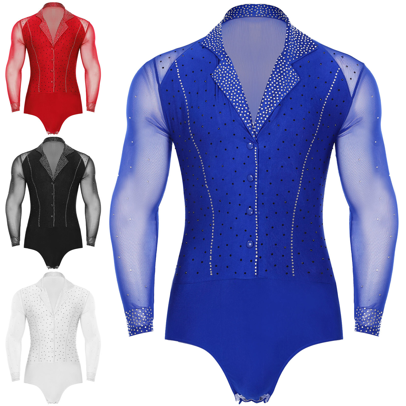 Men Shiny Latin Ballet Dance Shirt Leotard Long Sleeve Ballroom Samba Salsa Top